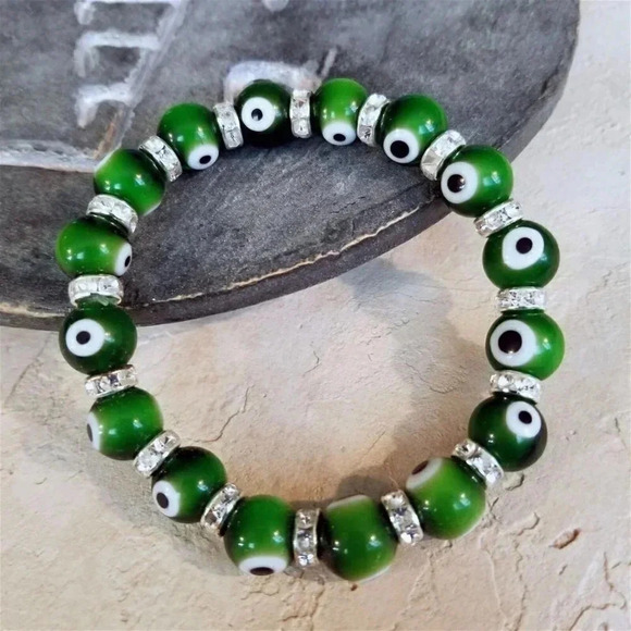 Handmade Green Black Turkish Evil Eye Glass Egyptian Crystal Talisman Bracelet - Picture 3 of 4